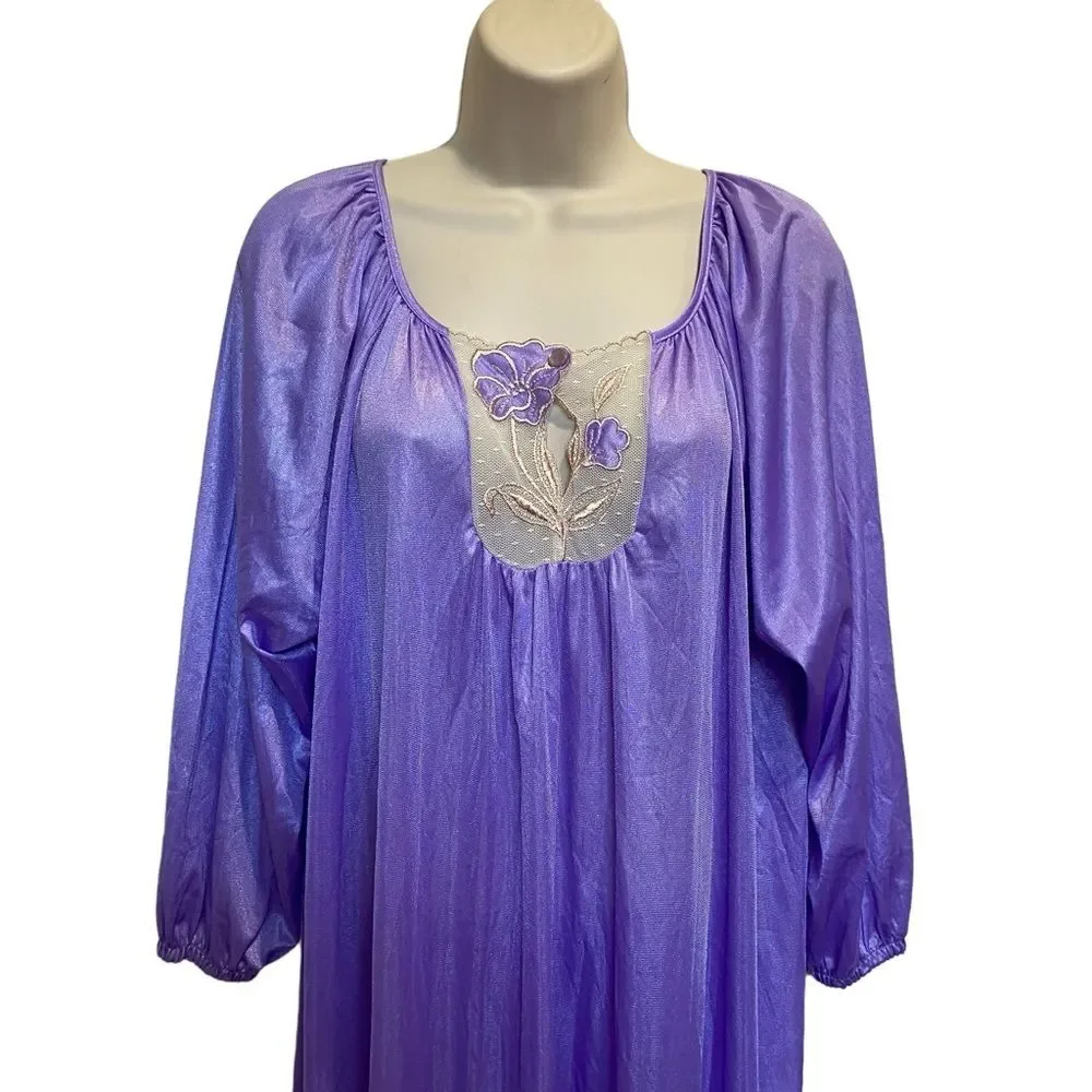 Vintage Milco New York Long Nightgown Nightdress Lavender Lace Floral Inset OS